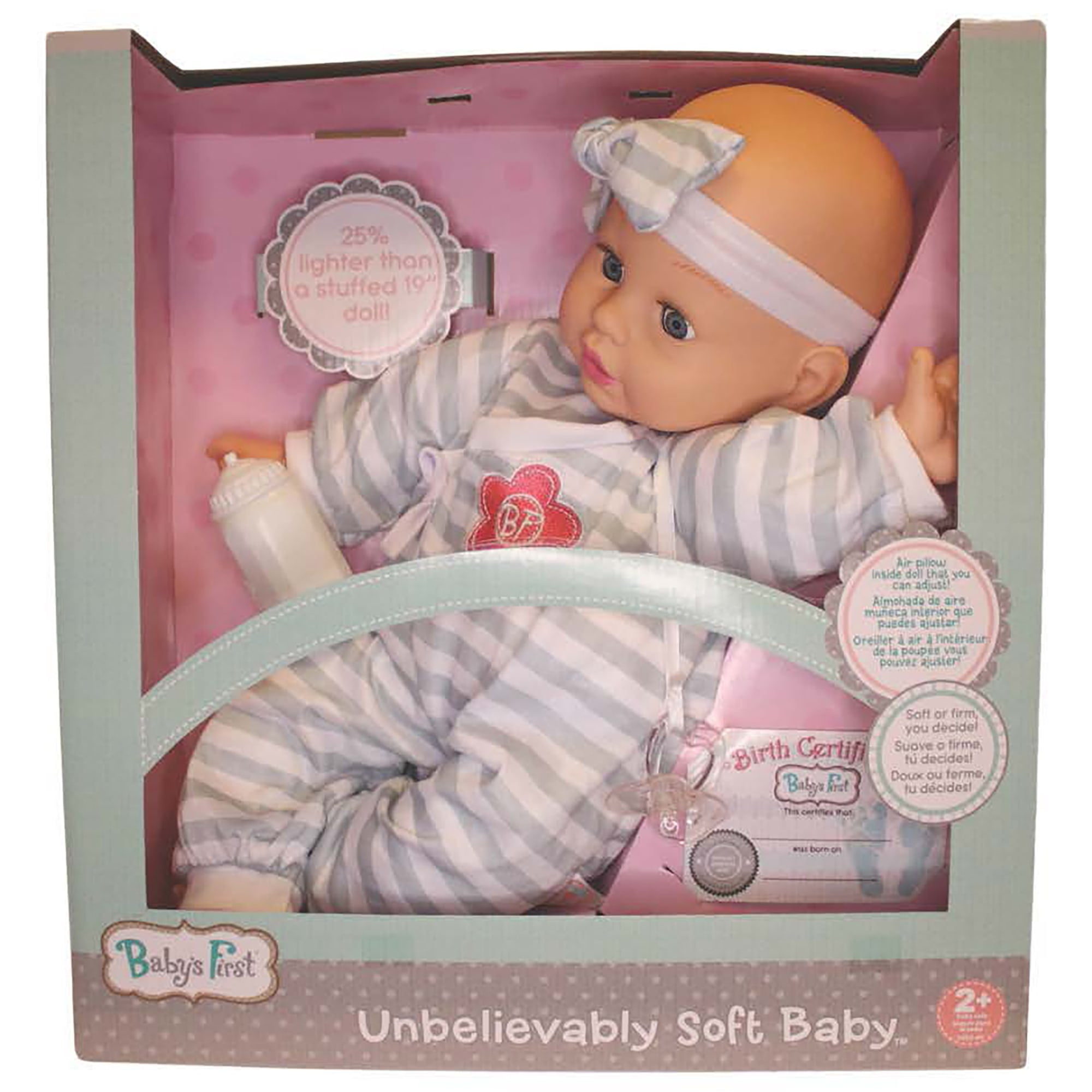Goldberger Baby's First 19" Unbelievably Soft Baby Doll in Gray Striped PJs. Patented "Air Pillow" Tummy - Super Light and Huggable - For Toddlers 2 Years & Up