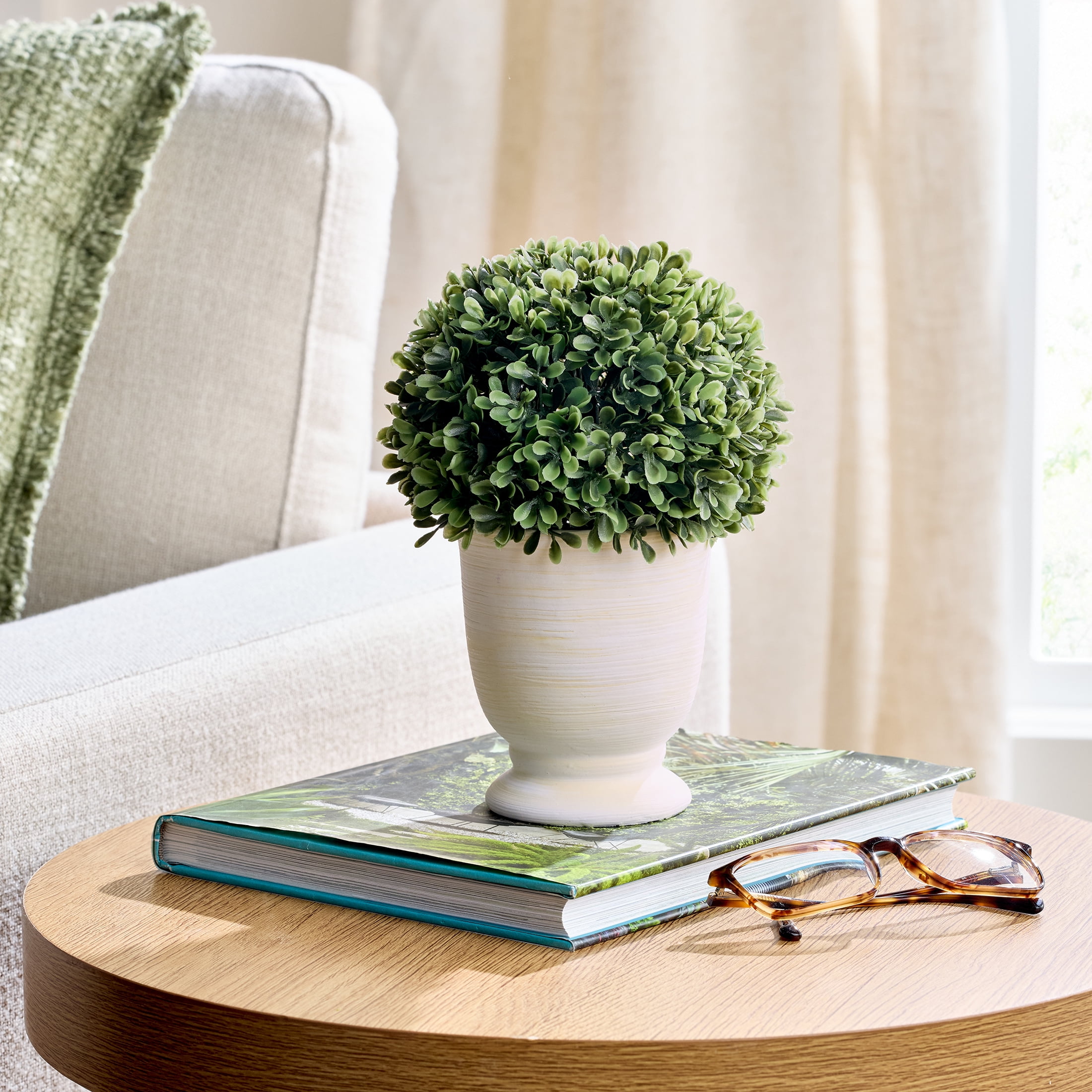 Better Homes & Gardens 9” Artificial Boxwood Tree in White Ceramic Pot for Tabletops- 1 lbs