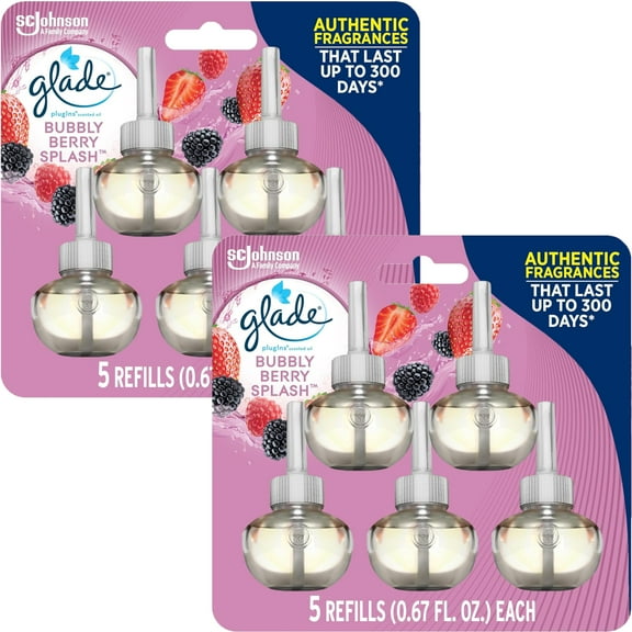 Glade PlugIns Refills Air Freshener, Scented and Essential Oils for Home and Bathroom, Bubbly Berry Splash, 3.35 Fl Oz, 10 Count