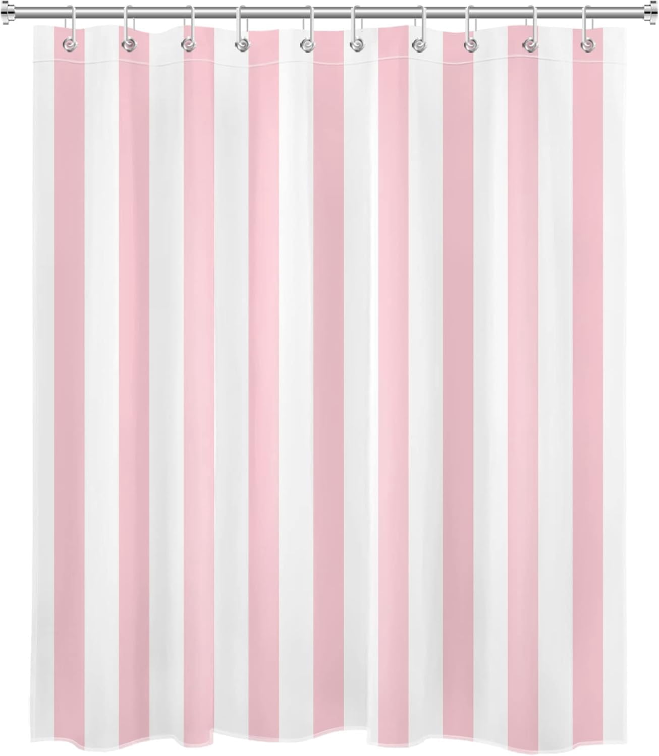 Pink and White Striped Fabric Shower Curtain for Bathroom with 10 Hooks, Vertical Stripe Geometric Shower Curtains for Bathroom, Modern Farmhouse Chic Style Bathroom Shower Curtains, 84x72 Inch