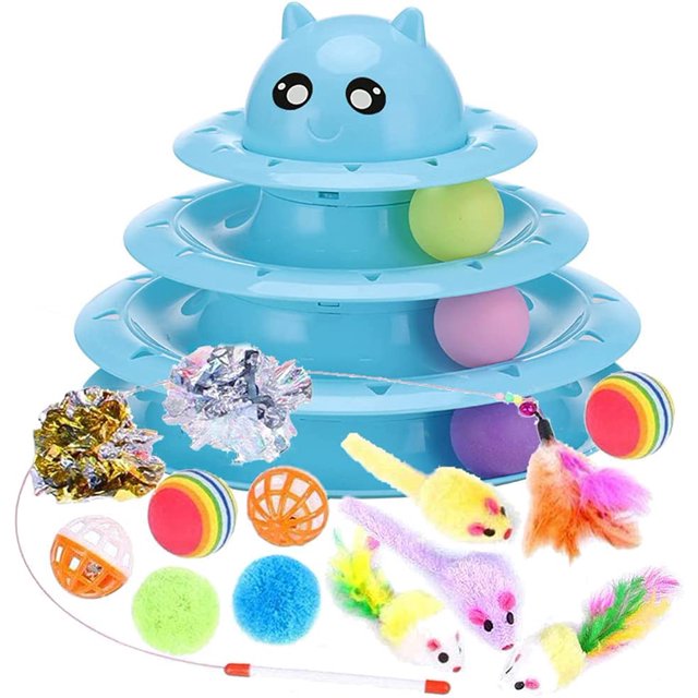 14 piezas de juguete para gatos, juguete de rodillo interactivo para interiores, 3 niveles para gatos, juguete barato, gatito, ratón, gato, bola, pluma, varita LingWen 8390612111112