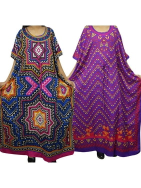 Mogul 2Pc Womens Purple Blue Kaftan Maxi Dress Printed Kimono Sleeves Loungewear Nightwear Long Dress 4X