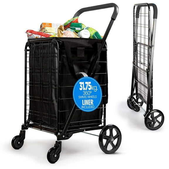 SereneLife Large Folding Utility Shopping Cart with Removable Liner – Heavy Duty, 360° Swivel Wheels, 70 lb Capacity, Portable for Groceries, Laundry, Luggage, and More(Black)