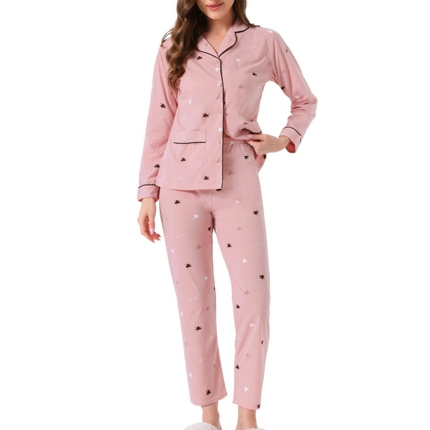 Conjunto de lounge para mujeres INSPIRE CHIC, de algodón, con botones, estampado de patrón lindo, de manga larga, con cuello de muesca, conjunto de pantalones con bolsillos, pijama tamaño L