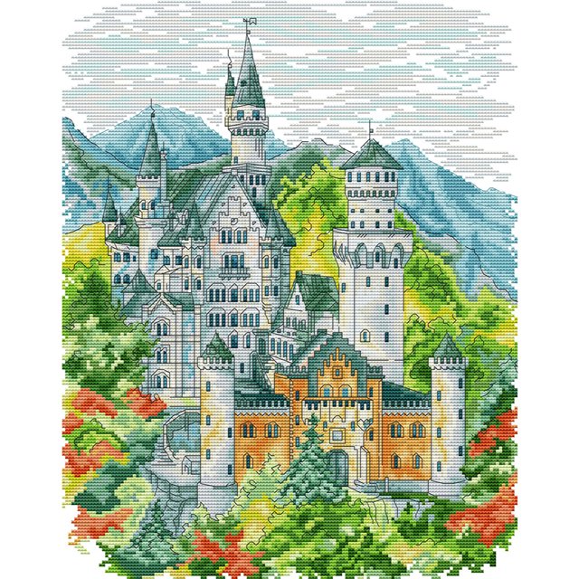 (FA294) Hilo algodón ecológico bordado no manchú 14CT 2 hebras impresión 34*42 cm serie ciudad-Kit serie paisaje punto cruz del Castillo Swanstein (borde gancho)