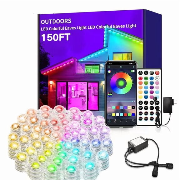 150ft Waterproof Permanent Outdoor RGB IC Lights String, Gradient Square Eave Lights App & Remote Control Lights with Music Sync, DIY Scene Modes for House Eaves, Christmas, Halloween