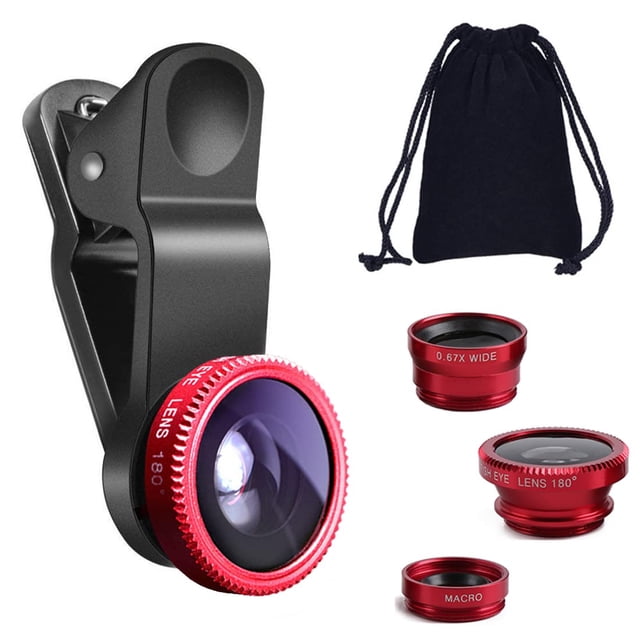 KINGMAS Lente ojo de pez universal 3 en 1, lente de clip macro Kit de lente de cámara gran angular para iPad iPhone Samsung Android y la mayoría de los teléfonos inteligentes (rojo)