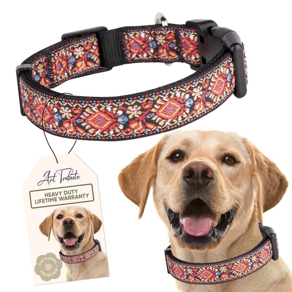Art Tribute Wide Adjustable Dog Collar for Medium Dogs Red Woven