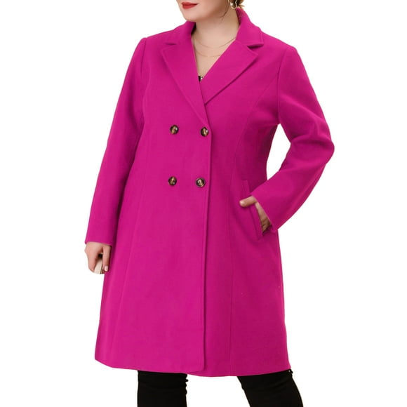 GRACE & GRANDEUR Women's Plus Size Long Coats Notched Lapel Double Breasted Winter Coat with Pockets 1X Hot Pink