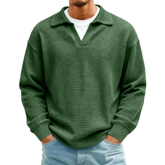 GrmtClth Waffle Knit Tops for Men Fashion Waffle Knitted Long Sleeve Work Shirts V Neck Comfy Soft Sweatshirts Green 4XL
