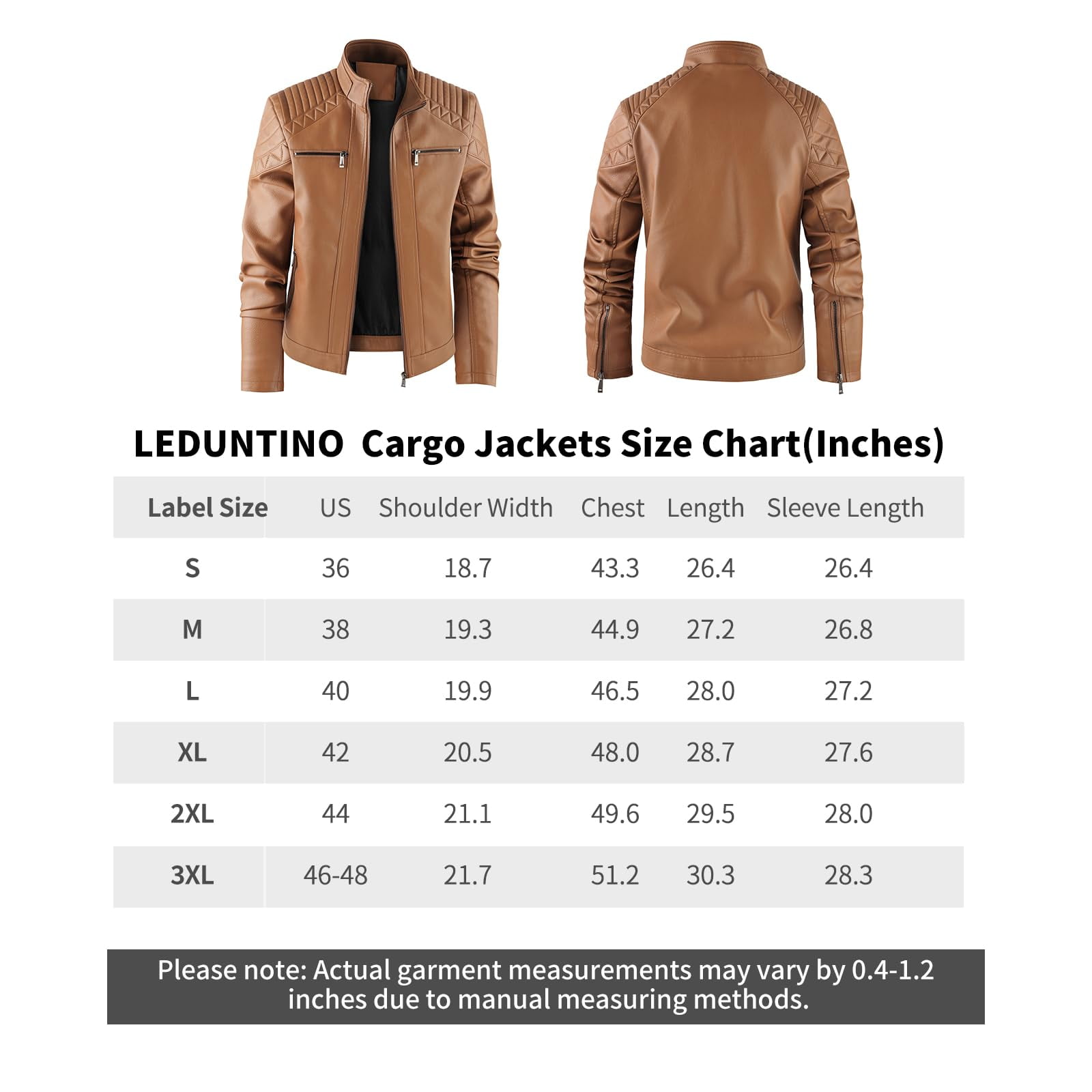 LEDUNTINO Men's Leather Jacket, Stand Collar PU Faux Leather, Zip-Up Motorcycle Bomber Jacket, Slim Fit Biker Coat