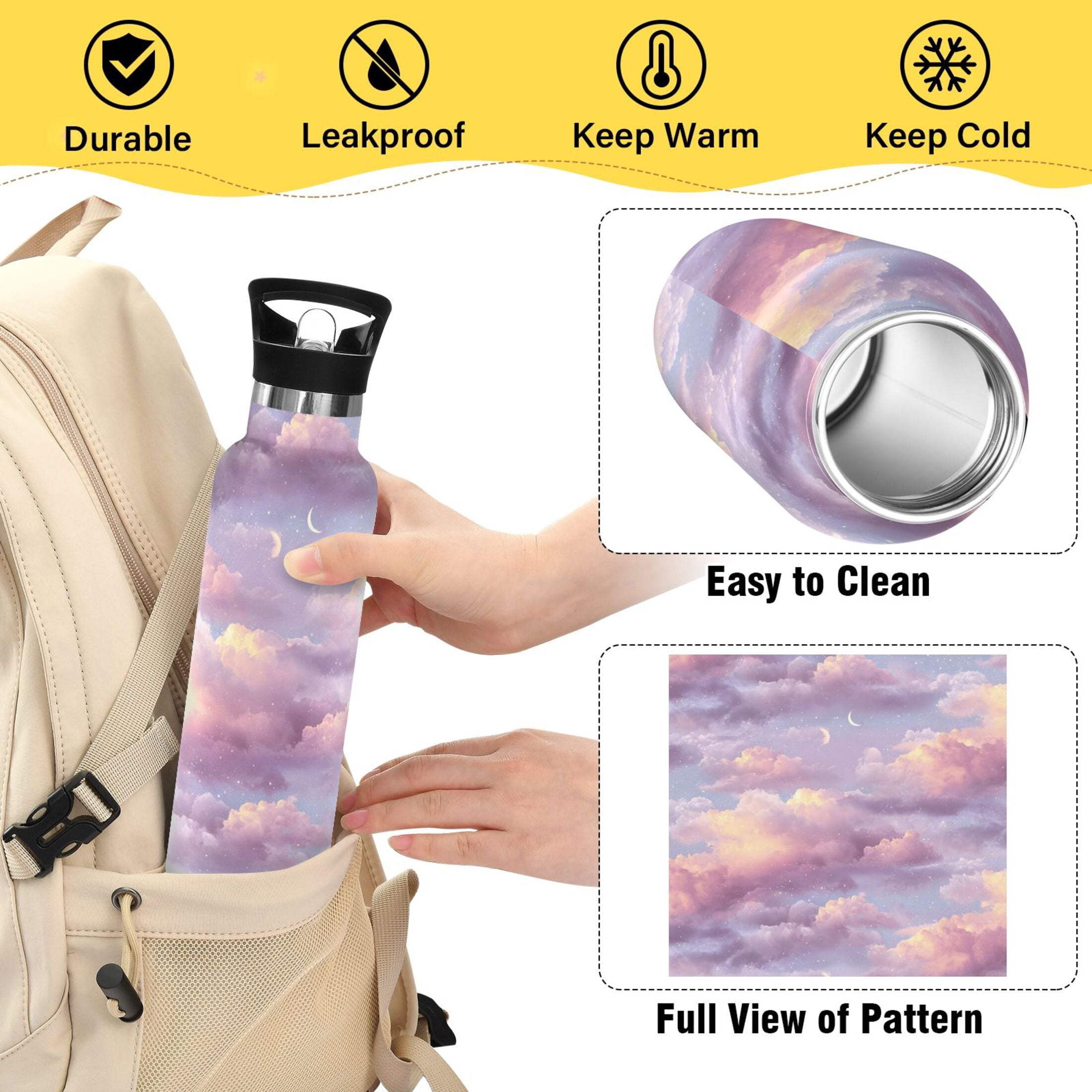 600ML Stainless Steel Insulated Cup Sports Water Bottle Portable Thermos Cup Water Glasses Insulated Tumblers Convenient and Durable Beautiful Purple Sky