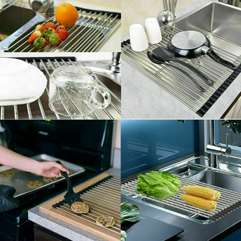 Stainless Steel Sink Drain Rack Roll Up Dish Food Drying Drainer Mat XXL  Kitchen