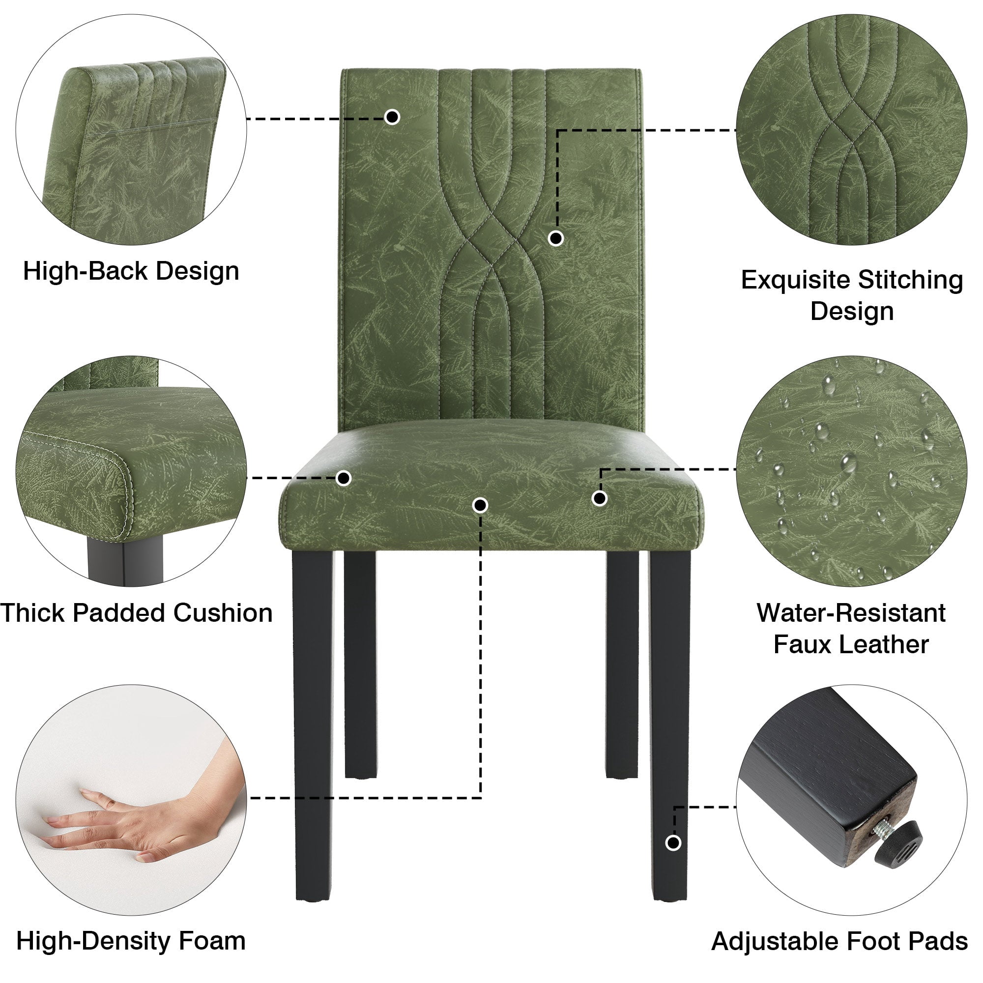 VECELO Upholstered Dining Chairs, Modern PU Leather High Back Chair with Wood Legs for Kitchen, Living Room, Set of 6, Dark Green