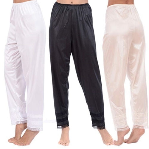 3 Colors Women's Elastic Waist Slips Satin Loose Sleep Pants Nightwear