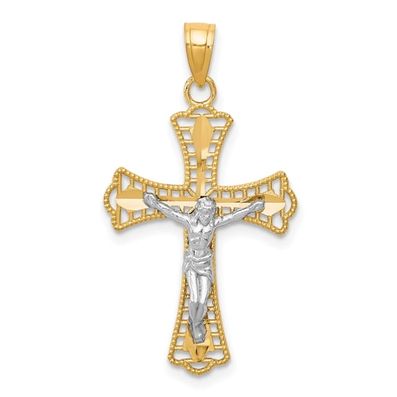 10k Real Gold Two-Tone Crucifix Cross Pendant Necklace for Men and Women with Rhodium Detail Religious Catholic Jewelry Faith Symbol Spiritual Christian Fine Accessory
