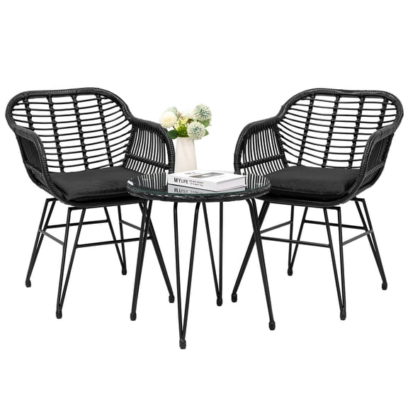 Tappio 3 Piece Outdoor Wicker Furniture Patio Bistro Set, PE Rattan Patio Chairs Set w/Table & Cushions, Modern Outdoor Patio Furniture for Porch Poolside Garden, Black/Black