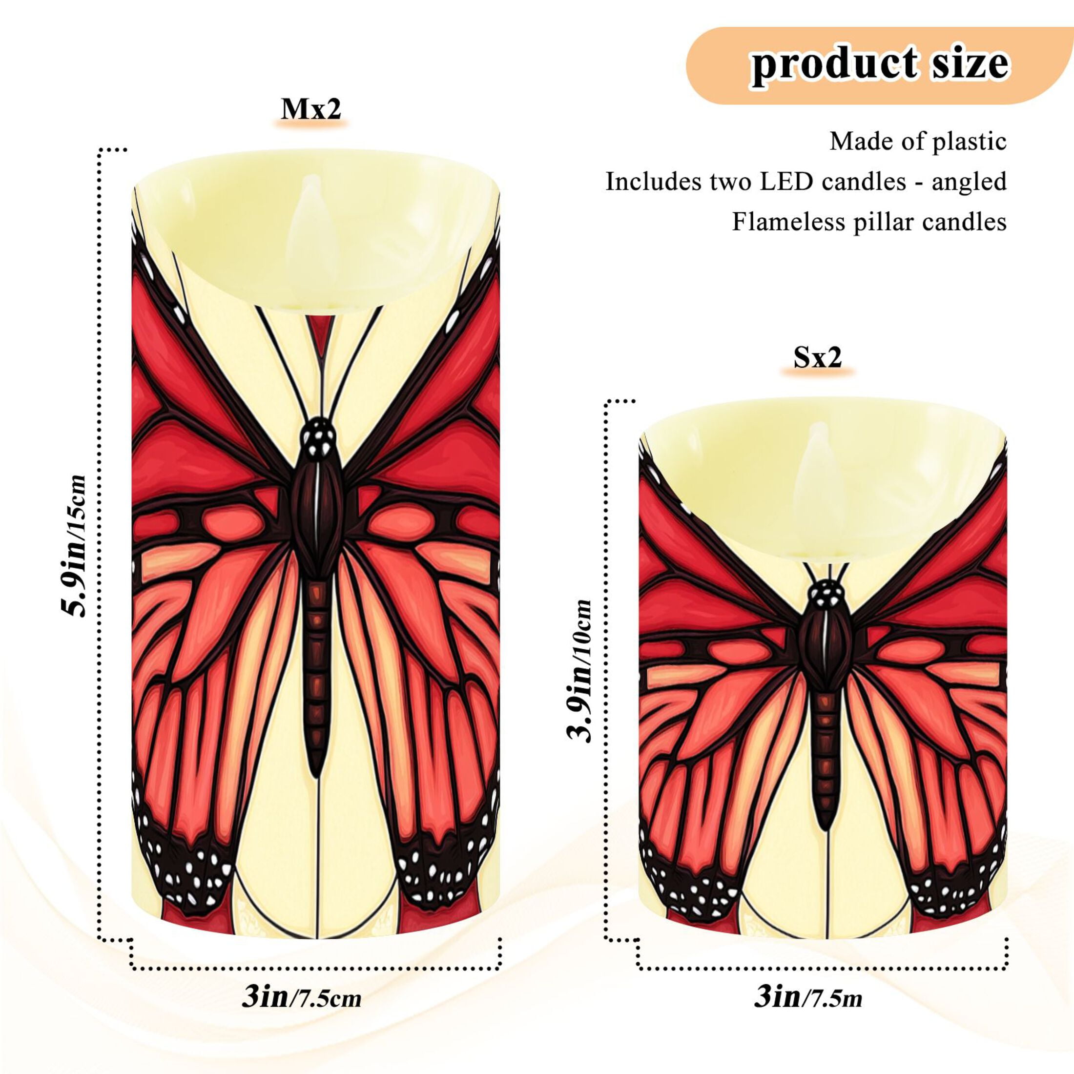 Stained Glass Butterfly Pattern Flameless Candles 2 PCS with Remote Realistic Moving Flame LED Tapered Pillar Set for Home Decor