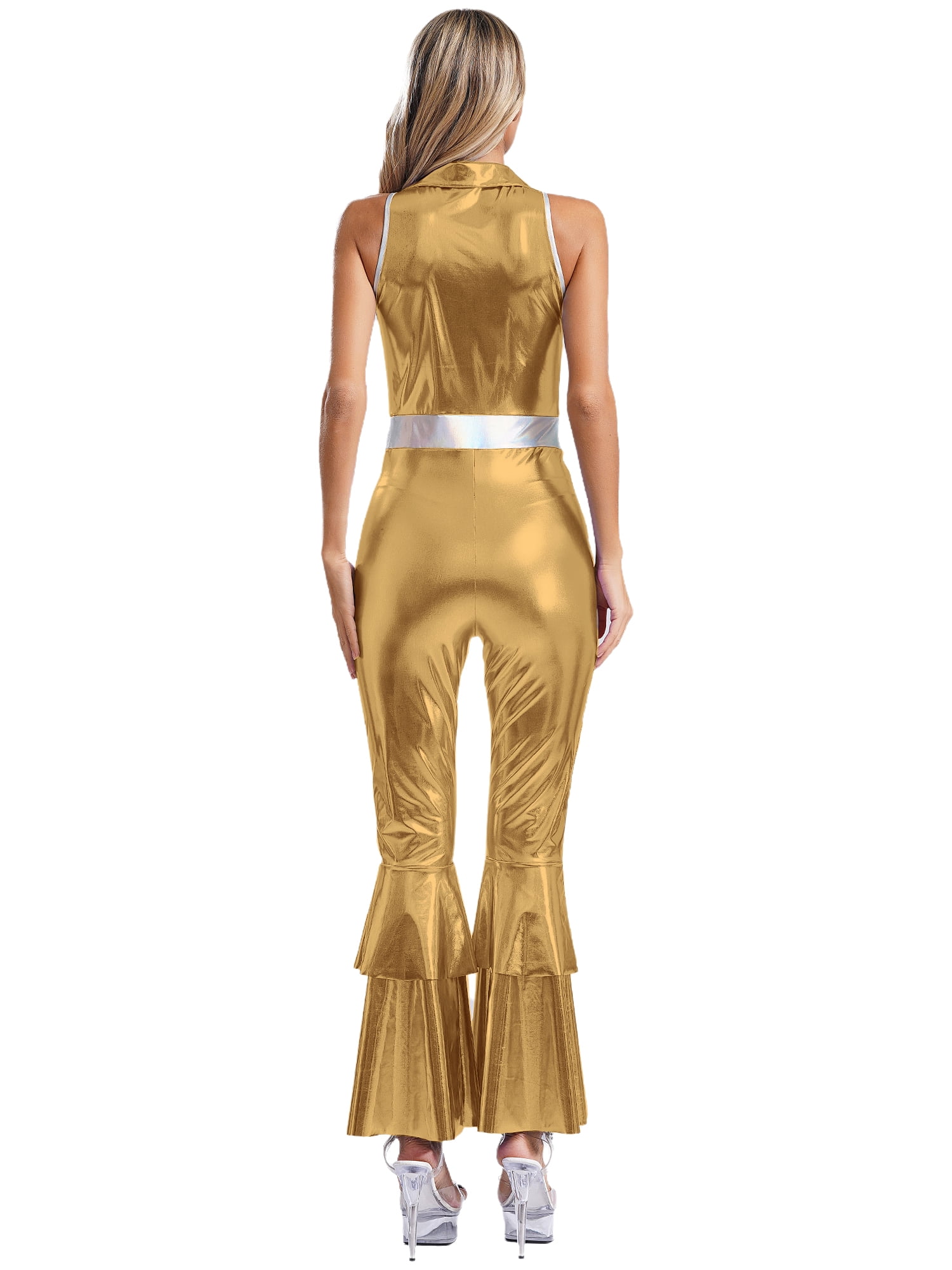 Eandarui Womens 70s Disco Outfits Holographic Shiny Metallic Sleeveless Jumpsuits for Party Club Gold S