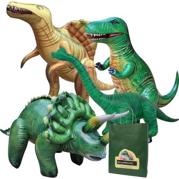 Jet Creations 4-pk Inflatable Dinosaurs Combo, T-rex Brachiosaurus, Spinosaurus, Triceratops. Great for Pool, Party Decoration. Size Range Approx. 37 to 53 inch, Multicolor