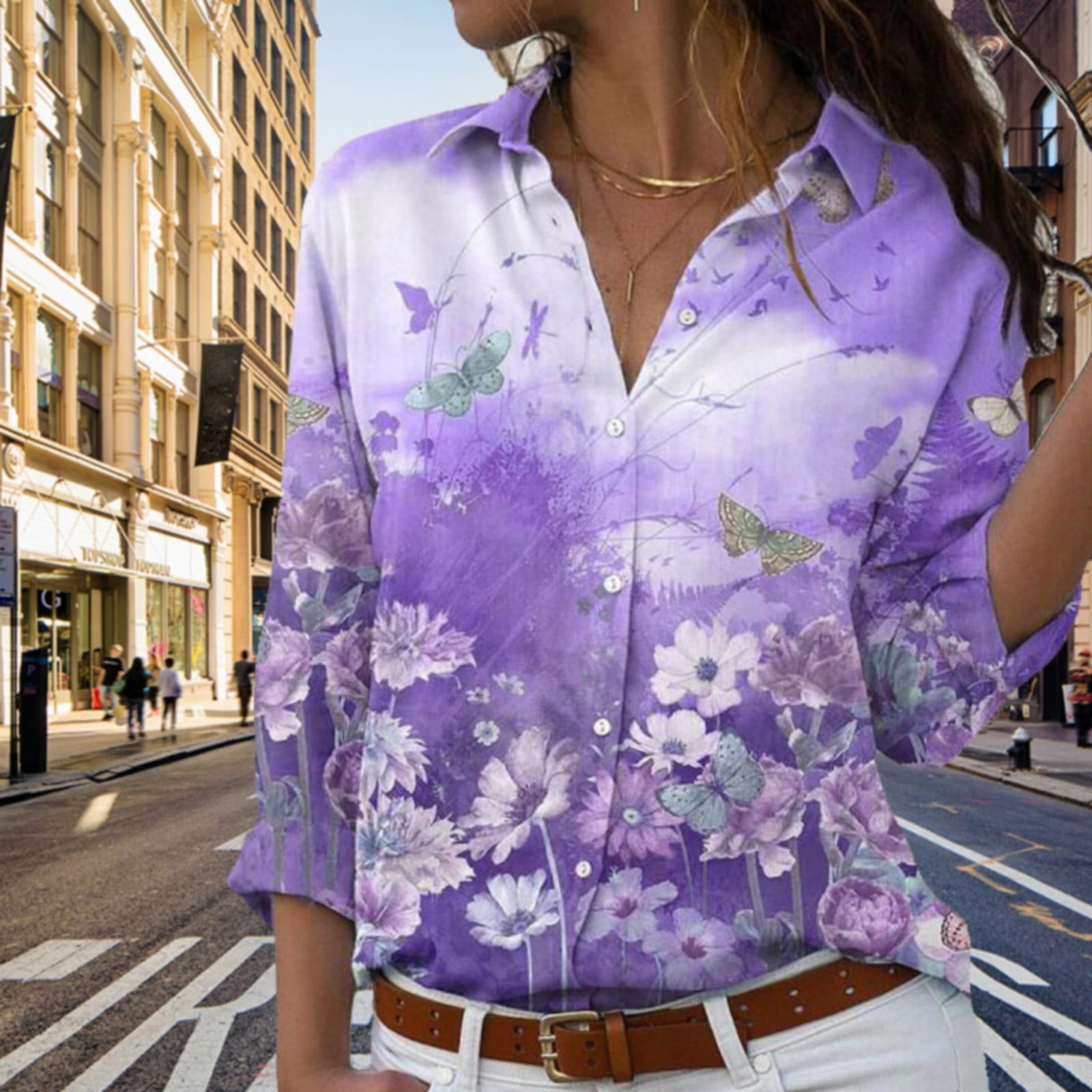 Womens Shirt Cotton Button down Shirts for Women Women s Floral Print Button Down Shirts Roll Up Sleeve Tops Casual Work Adult Female Clothes Purple