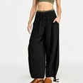 thumbnail image 3 of Women's Casual Pants Elastic Waist Drawstring Loose Fit Linen Trousers with Pockets for Everyday Wear, 3 of 7