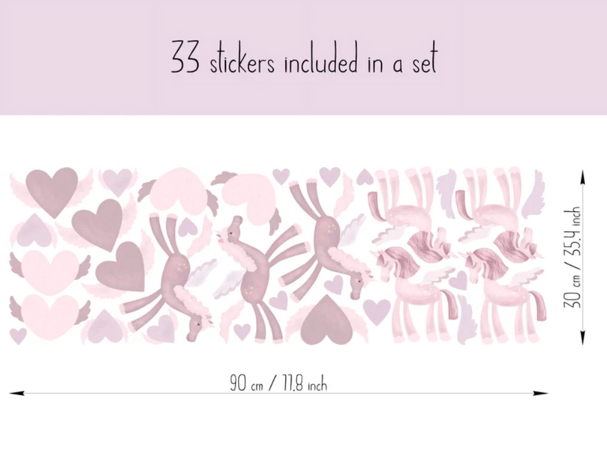 Freckled Face Pink Unicorns and Flying Hearts Vinyl Wall Decals for Children's Rooms