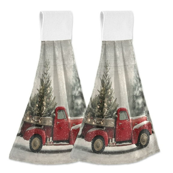 2PCS Velcro Hangable Hand Towels Quick-Drying Hanging Kitchen Towels for Kitchen & Bathroom Vintage Red Truck