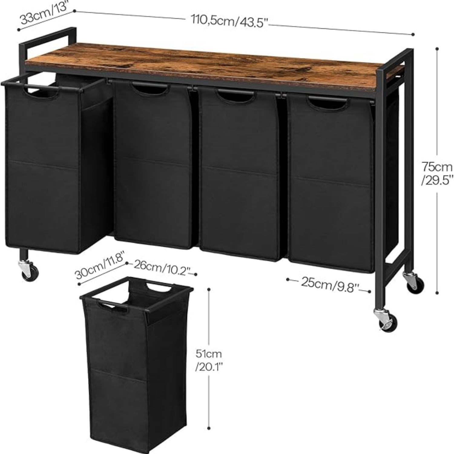 Laundry Sorter 4 Sections, Laundry Hamper with Wheels, 4 × 10.5 Gal (40 L), Rolling Laundry Basket, Pull-Out and Removable Oxford Fabric Bags, Rustic Brown and Black BF04XY01
