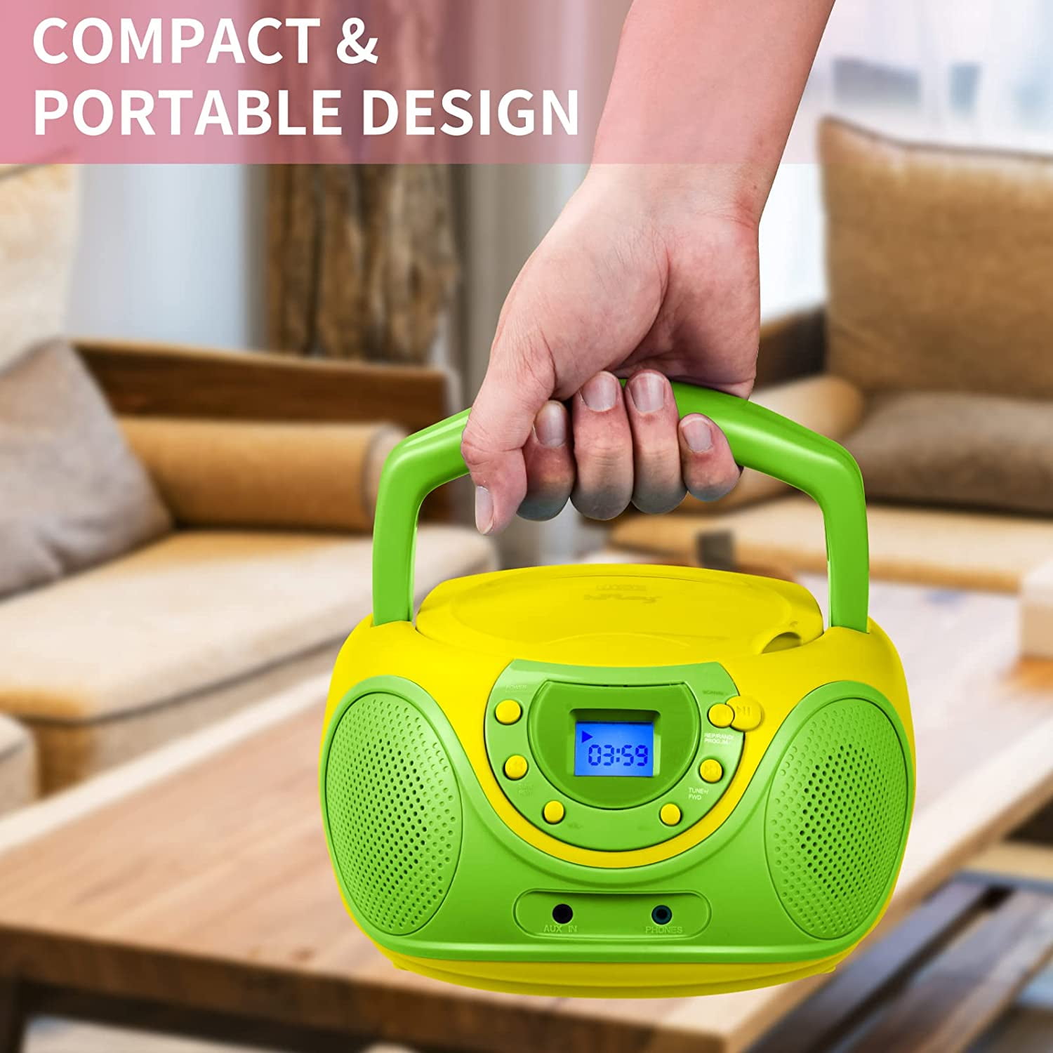 hPlay P16 Portable CD Player Boombox AM FM Digital Tuning Radio, Aux Line-in, Headphone Jack, (Lime)