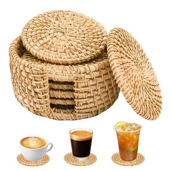 Natural Rattan Coaster Set with Holder - Handwoven Wicker Drink Coasters for Table Protection,Boho Home Decor,6 Pcs