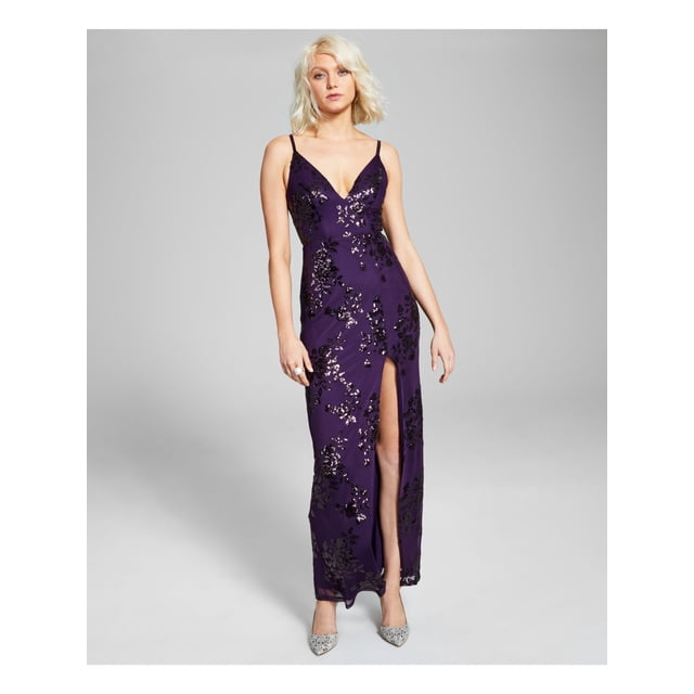SPEECHLESS Femmes Violet Maille Pailleté Réglable Sangles Doublées Froncé Floral Spaghetti Sangle V Cou Robe de Bal Robe Juniors 3