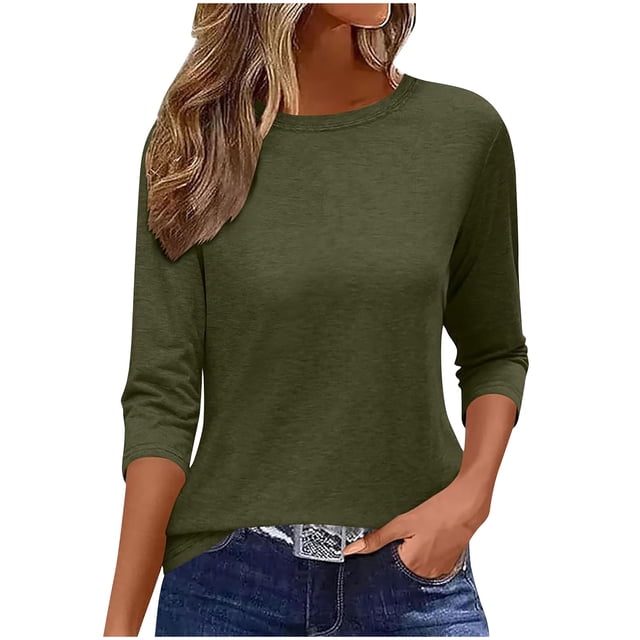 JIUIKE Hauts à Manches 3/4 pour Femmes Col Rond T-Shirt Uni Décontracté Ample Basique d'Été