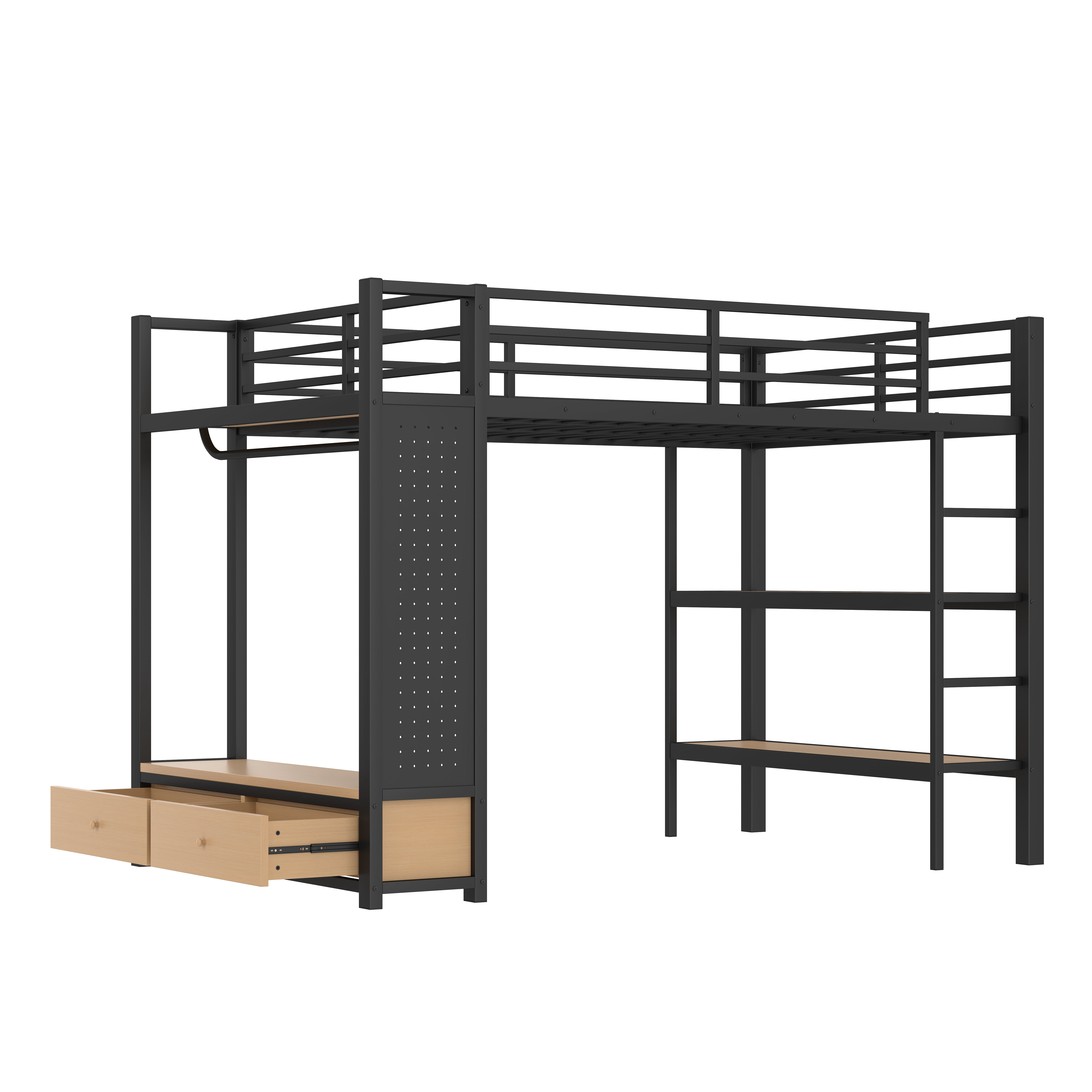 Mintazer Full Size Loft Bed with Pegboard and Wardrobe, Metal Platform Storage Bed with 2 Drawers & 4 Shelves for Bedroom Dorm, Black