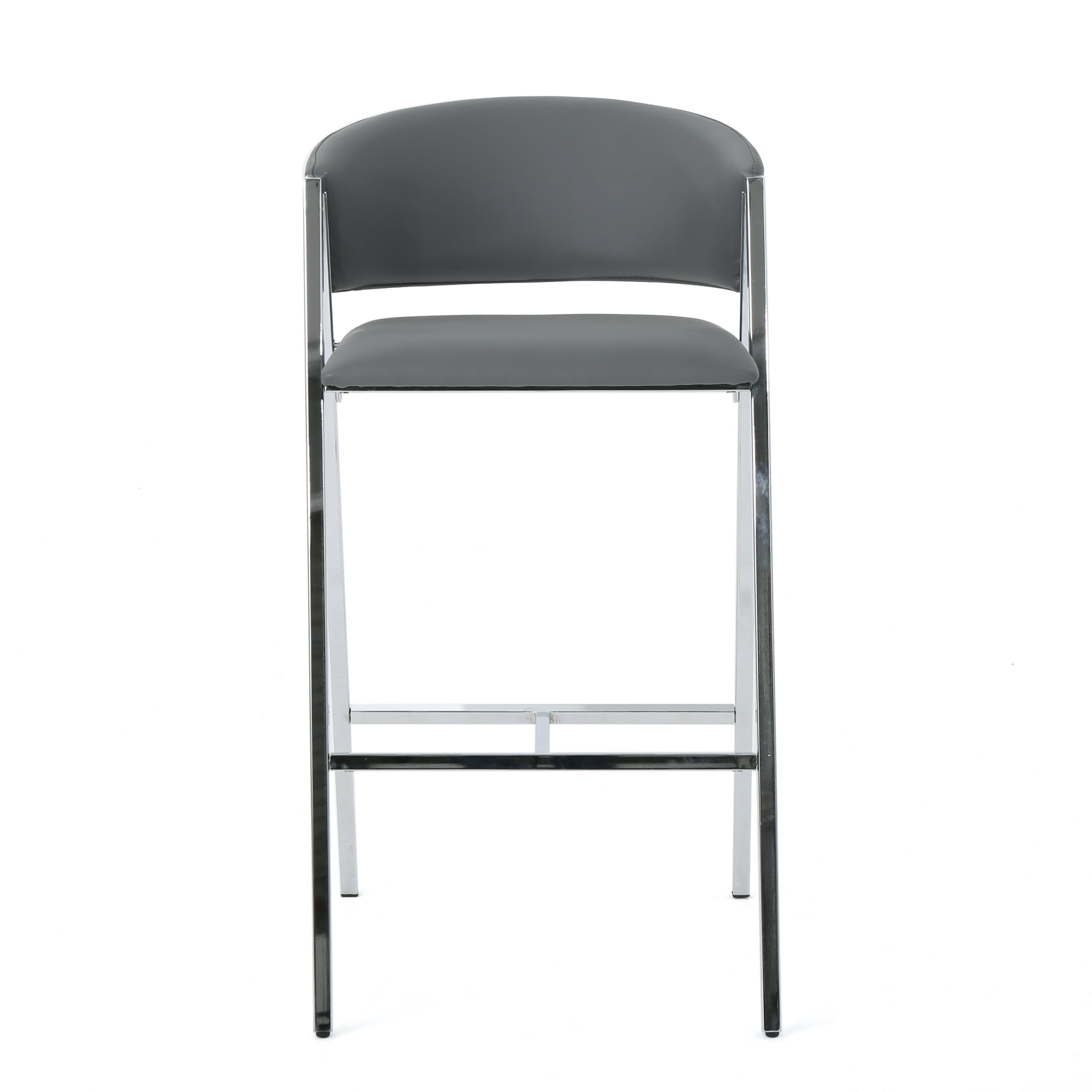 Bar Stools, Modern Barstools Set of 2, PU Leather Upholstered Seat and Backrest with Chrome A-Frame, Counter Height Stools for Dining Room, Kitchen, or Home Bar in Grey