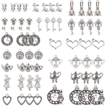 1 Box 60Pcs 15 Styles Alice Pendants Rabbit Bunny Alarm Clock Poker Card Cartoon Fairy Tales Enamel Alloy Charms for Easter Jewelry Making Crafts Accessories