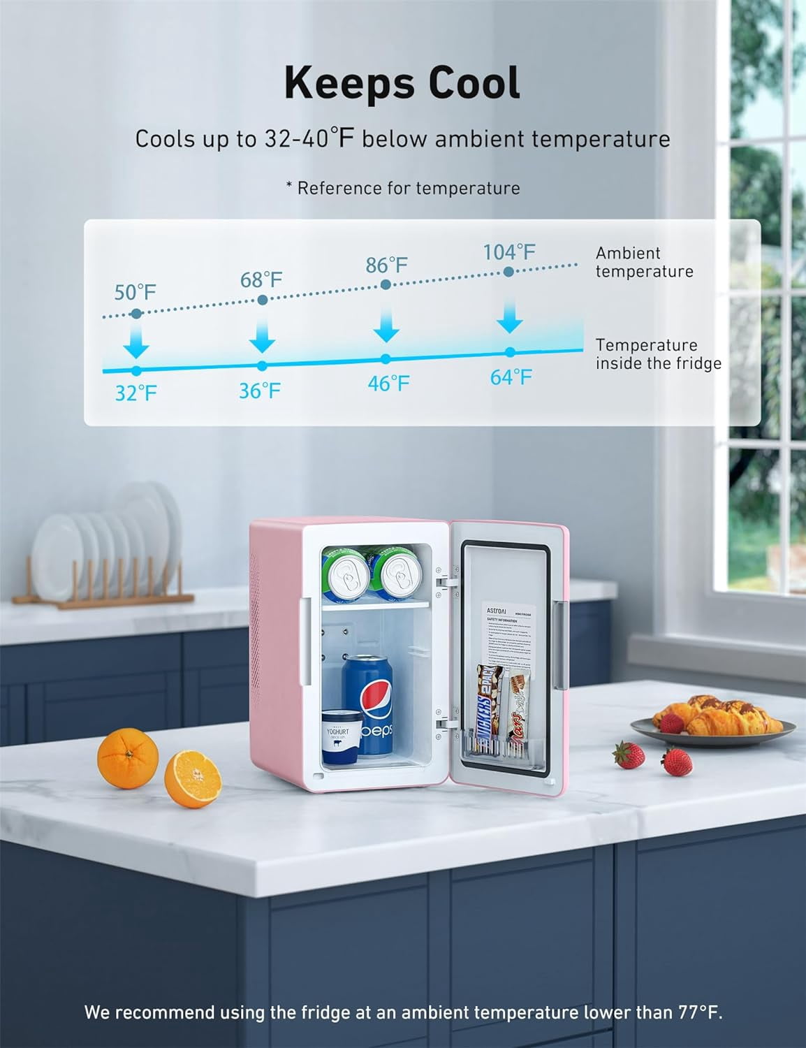 AstroAI Pink Mini Fridge, Personal Refrigerator 6 Liter/8 Cans Makeup Skincare Fridge 110V AC/ 12V DC Portable Thermoelectric Cooler and Warmer Little Tiny Fridge for Bedroom, Beverage, Skincare