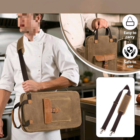 Chef Knife Bag, Waxed Canvas Chef Storage Bag with 11 Slots and 2 Mesh Pockets, Knife Carrier Travel Knife Bag with Top Handles and Detachable Shoulder Strap for Kitchen Tools & Chef Utensils