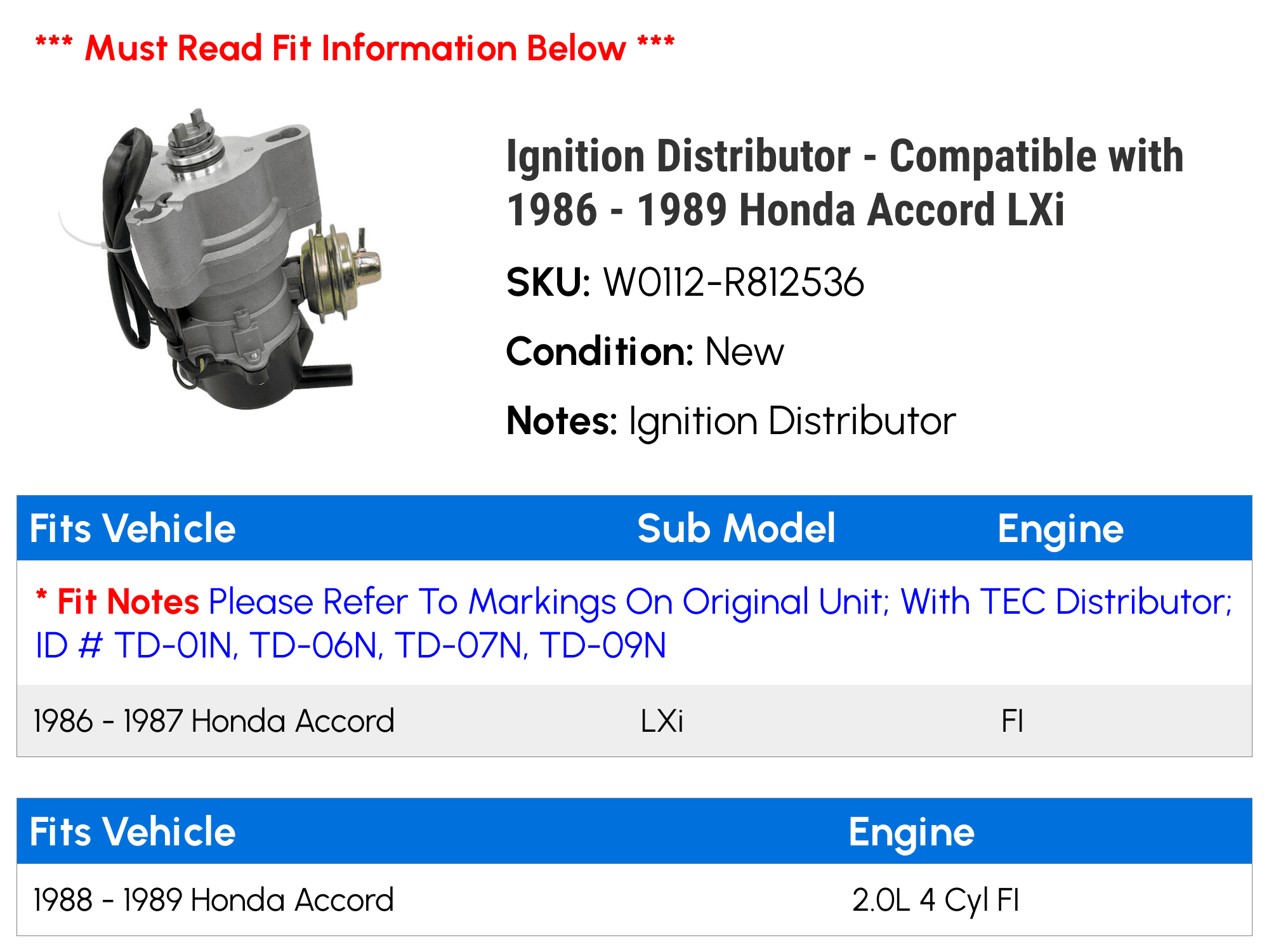 Ignition Distributor - Compatible with 1986 - 1989 Honda Accord LXi 1987 1988