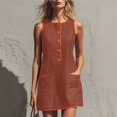 thumbnail image 6 of Wovilon Women's Round Neck Sleeveless A-Line Mini Dress, Button Front Contrast Trim Pocket Shift Top, Relaxed Lightweight Breathable Cotton Linen Blend Solid, 6 of 7