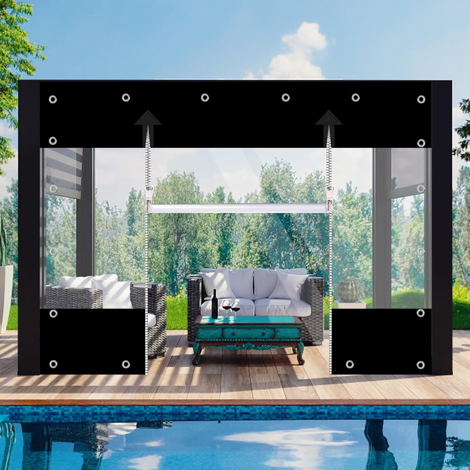 TOPCHANCES Clear Vinyl Curtains with Zipper Entry, Heavy Duty Waterproof PVC Clear Tarp with Grommets, Outdoor Clear Panel Curtain for Porch, Pergola, Gazebo, Patio, Enclosure (10'H x 10'W, Black)