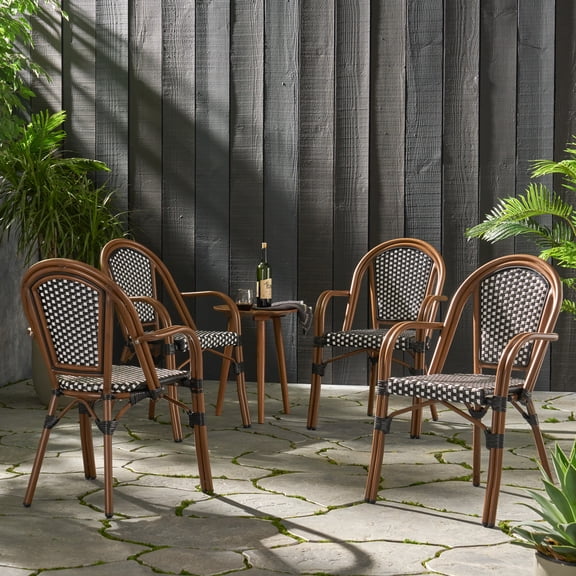 Cecil Aluminum and Wicker Outdoor French Bistro Chairs, Set of 4, Black, White, and Brown Wood