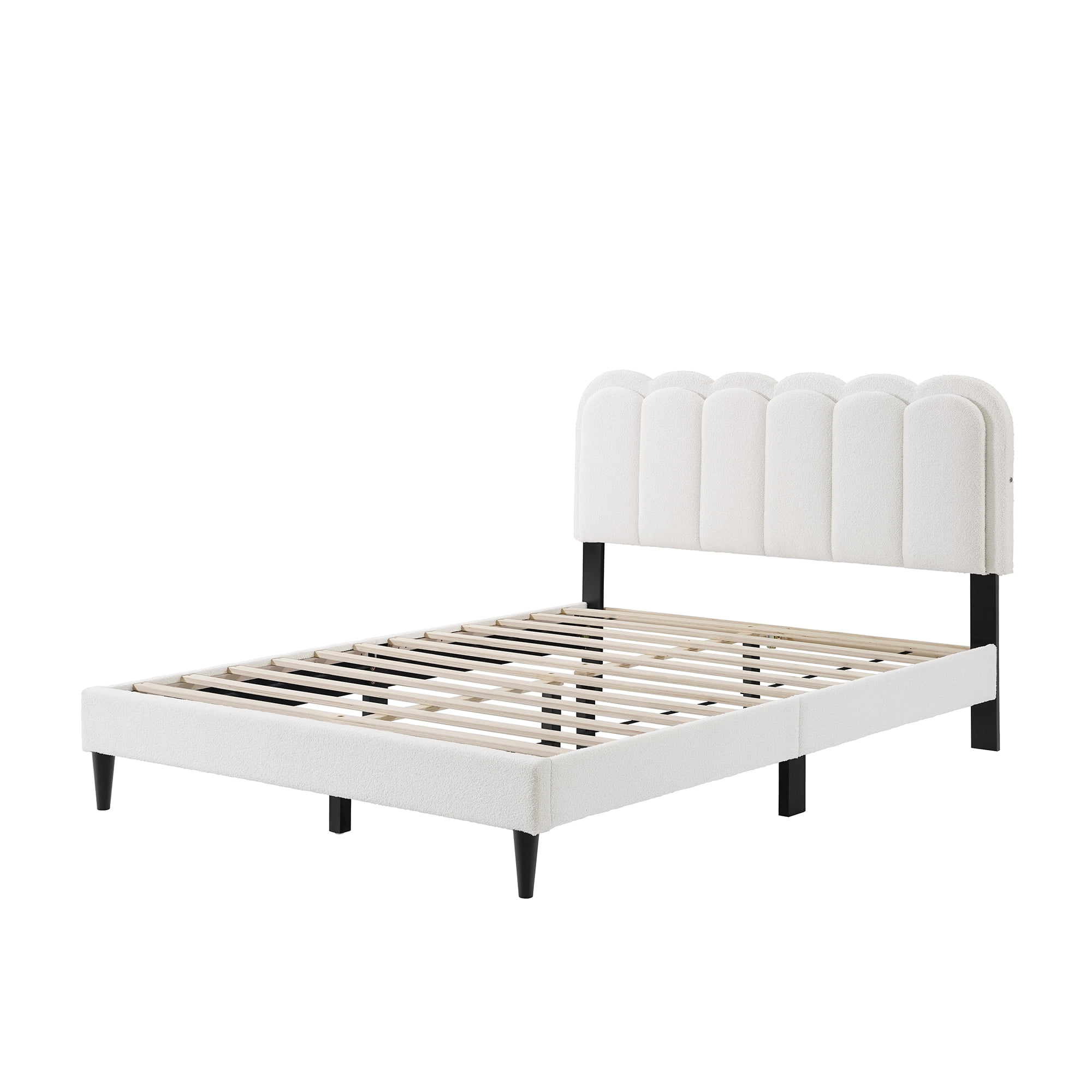 Mintazer Queen Size Upholstered Platform Bed Frame with Scalloped Tufted Headboard and LED Light, Boucle Bed for Bedroom, No Box Spring Needed, White
