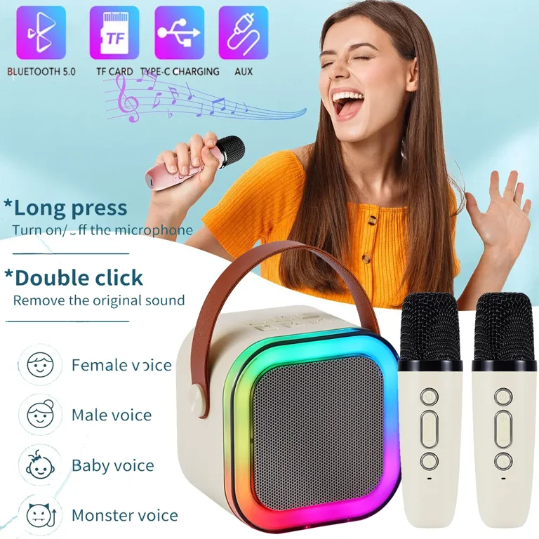 Portable Bluetooth Karaoke Machine With 2 Wireless Microphones & Colorful Lights U2013 Fun For Kids & Adults, Perfect For Birthdays & Children's Day