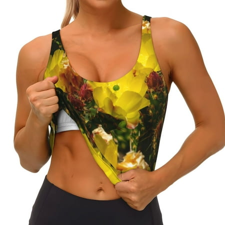 Qokaie Cactus Flowers Pattern Womens Scoop Neck Sports Bra Breathable Workout Vest Padded U Back Medium Impact Fitness Gym Yoga Bra Workout Crop Top
