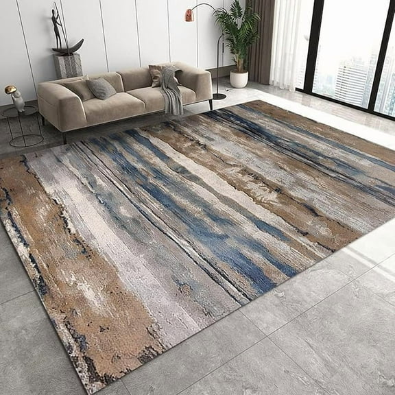 Washable Rug, Brown Blue Striped Abstract Machine Washable Area Rugs For Living Room, Distressed Vintage Wood Grain Modern Carpet For Bedroom Dining Room Kitchen Brown Rug 5' x 8'