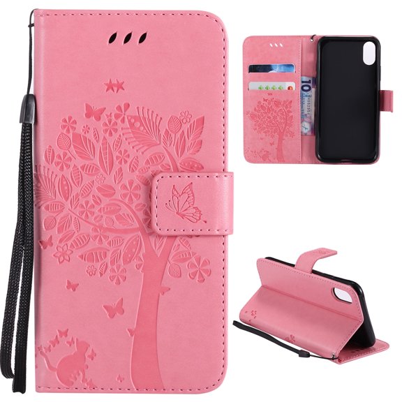 iPhone Xr Case, Allytech Embossed Cat & Tree Series, PU Leather Full Body Protective Defender Case Folio Flip Stand Cover With Card Holder for Apple iPhone Xr 6.1" 2018 Release, Pink