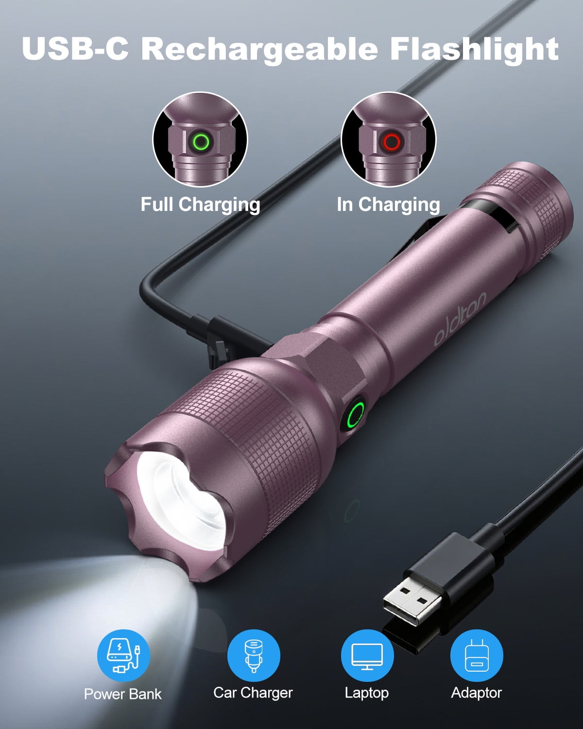Oldtan Rechargeable Flashlights with High Lumens, Mini Metal Flashlights for Outdoor,2 Pack (Purple)