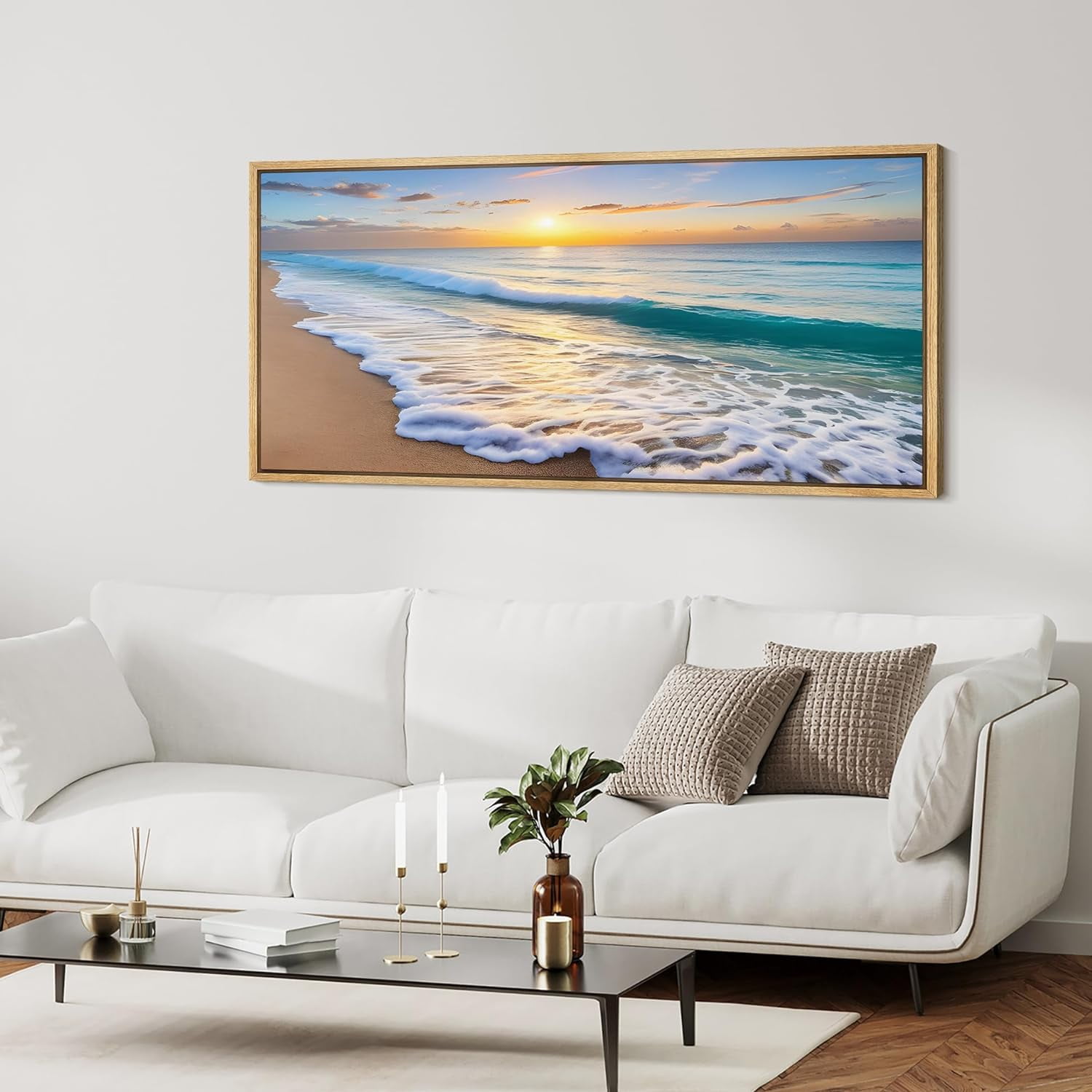 IDEA4WALL Extra Large Framed Canvas Print Wall Art Tropical Beach Sunrise Ocean Waves Landscape Nature Scenery Antique Retro Fine Art Seaside Decorative for Home Decoration - 60"x30"