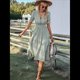 thumbnail image 4 of Vestido de Verano para Mujer, con Mangas Abullonadas y Volantes, Cuello en V, Cintura Alta, Informal, Holgado, A Rayas, Midi Verde L, 4 of 9